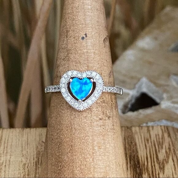 Blue Opal & CZ Heart Sterling Silver Ring size 6 - Picture 5 of 7